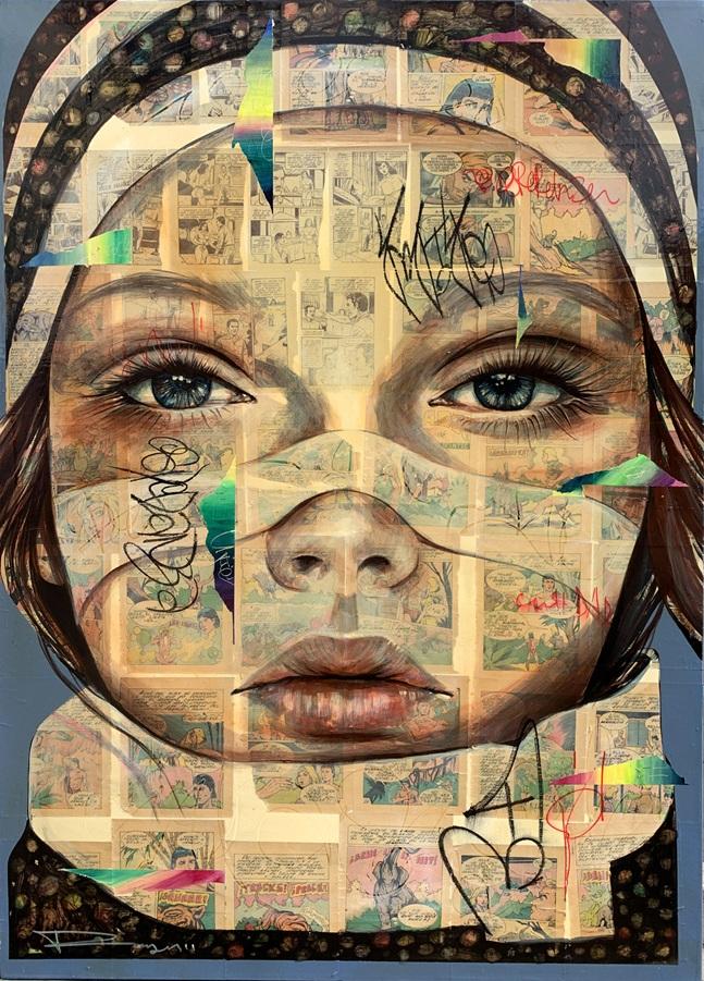 FE, ESPERANZA Y CARIDAD, mixed media on canvas, 100 cm x 80 cm