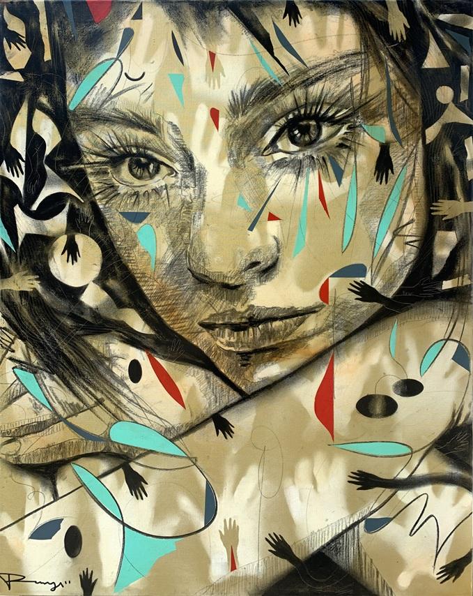 MIS MANOS SON TU ROSTRO, mixed media on canvas, 100 cm x 80 cm