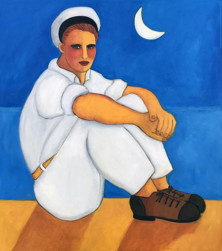 MARINERO SENTADO EN EL MUELLE, oil on canvas